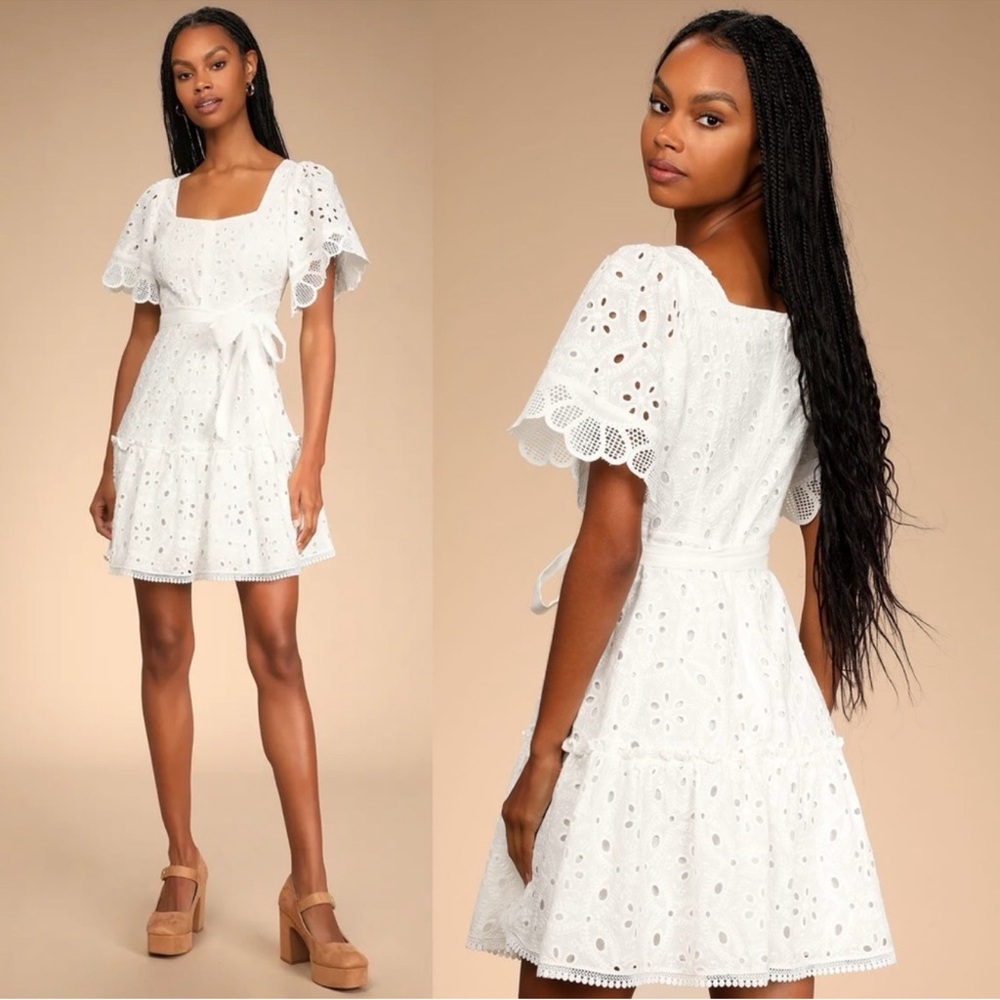 White Eyelet Cotton Wide Short Sleeve Crochet Mini Dress 🌿